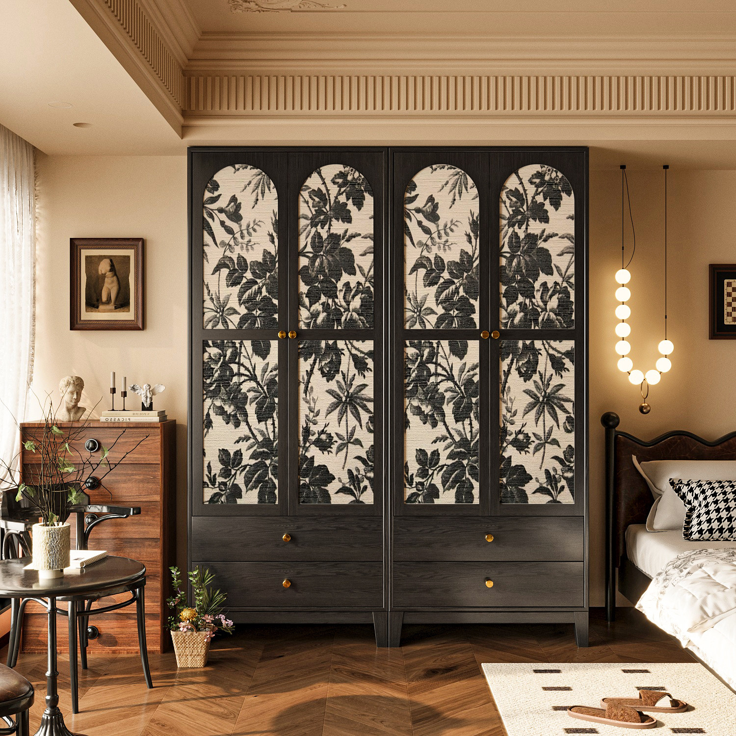 法式复古漆画工艺独立衣柜卧室房间靠墙多层储物柜彩绘创意置物柜