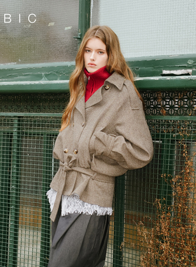 【nana同款】CUBIC英伦风收腰腰带双排扣短款羊毛毛呢外套EC6070