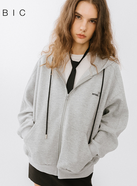 CUBIC经典连帽宽松口袋刺绣纯色oversize抽绳灰色卫衣外套