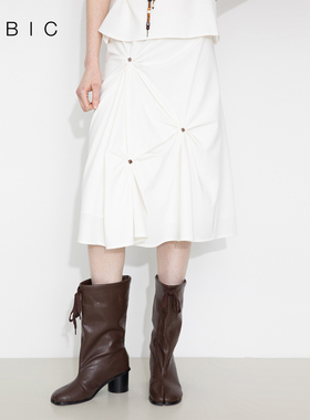 CUBIC手工串珠立体竖纹肌理感中长款白色半裙