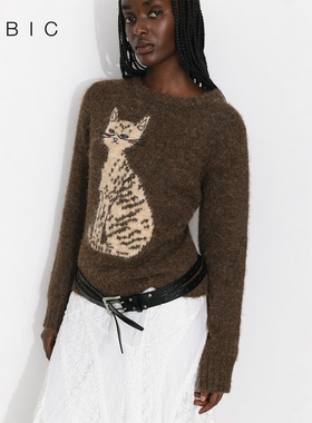 CUBIC经典猫咪提花羊毛混纺针织衫秋冬慵懒圆领毛衣EK2006