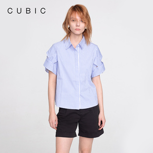 袖 子交叉镂空设计感百搭通勤竖条纹短袖 新款 衬衫 女 韩版 CUBIC夏季