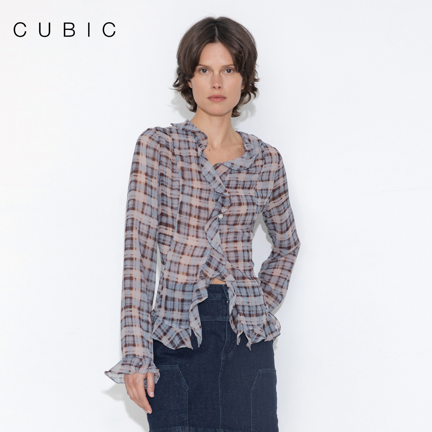 CUBIC雪纺纱荷叶边格纹衬衫