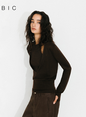 CUBIC随性慵懒羊毛混纺V领两件套基础百搭长袖上衣