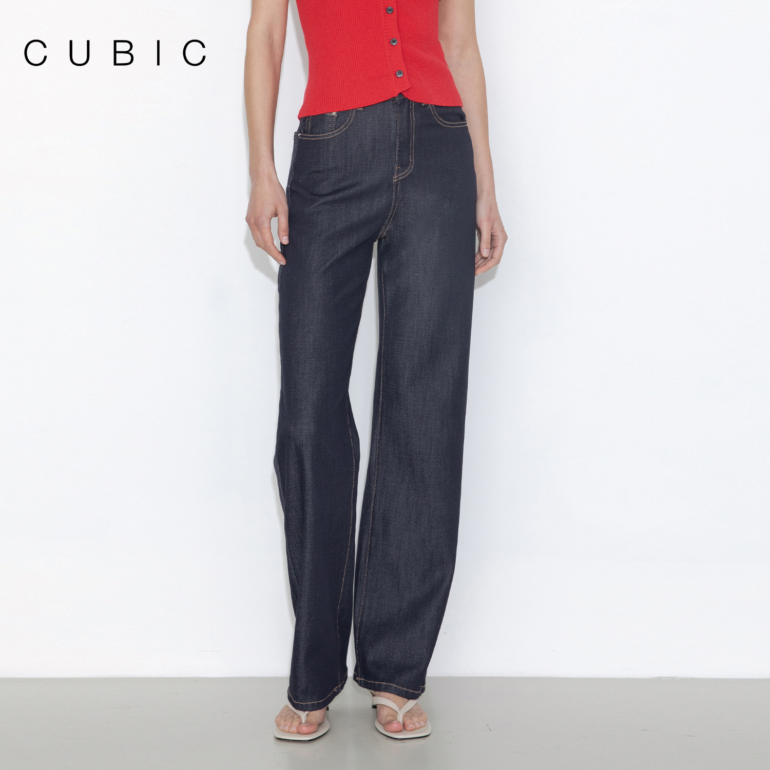CUBIC撞色缝线直筒牛仔裤