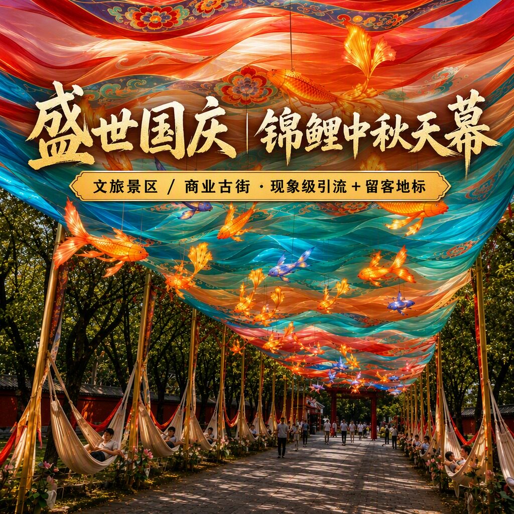 大型户外文旅景区网红打卡发光锦鲤灯笼波浪布天幕吊顶纱幔美陈