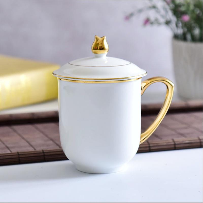 团建礼品陶瓷杯带盖 骨质瓷描金办公室会议杯 酒店泡茶水杯