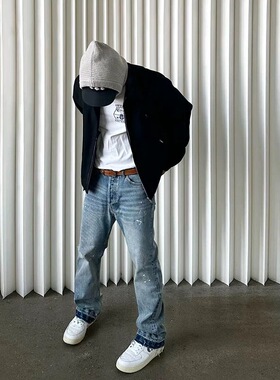 现货HIDE25SSVIBE风重工水洗蓝色泼墨美式街头直筒宽松微喇牛仔裤