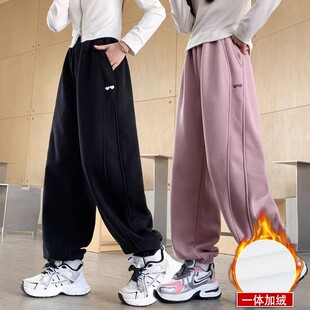 全棉女童卫裤秋冬款新款儿童女孩一体加绒黑色裤子大童秋季运动裤