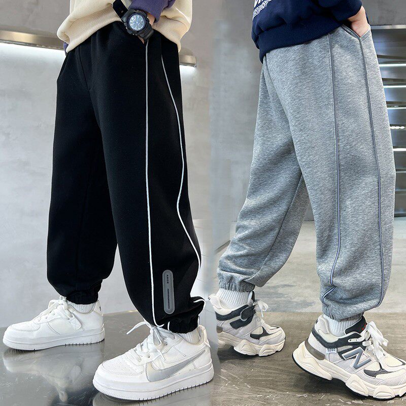 全纯棉儿童装男童一体绒加绒裤子秋冬款冬装加厚运动裤冬季卫裤女