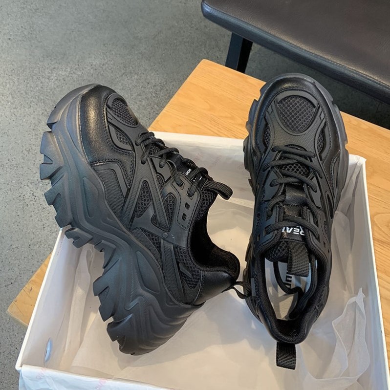 老爹鞋女全黑秋冬新款百搭休闲ins超火显脚小厚底加绒松糕运动鞋