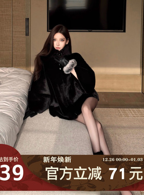 MIMIWU 黑色立领环拉链保皮草短外套毛毛外套小立领大衣风衣