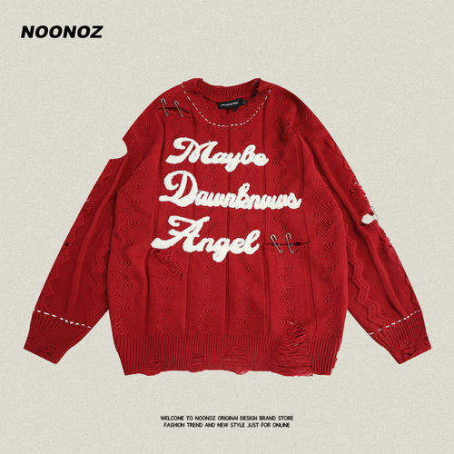 NOONOZ破洞别针毛衣套头圆领高街