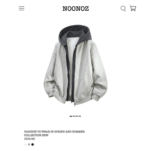 NOONOZ美式撞色拼接重磅假两件开衫连帽卫衣男潮牌中性风运动外套