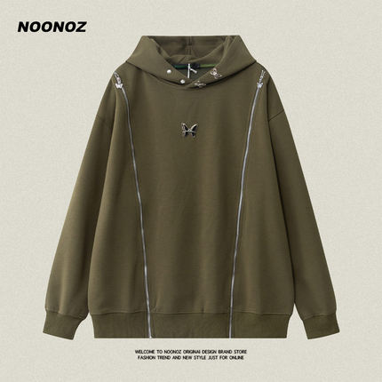 NOONOZ美式高街双拉链连帽卫衣男潮牌小众设计感oversize情侣外套