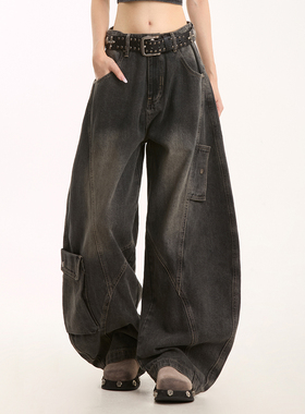 NOONOZ美式复古廓形弯刀牛仔裤男多口袋水洗做旧解构垂感阔腿裤子