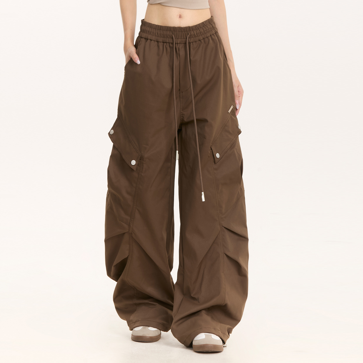 美式潮牌抽绳褶皱弯刀工装裤