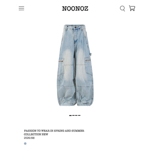 NOONOZ美式复古廓形弯刀牛仔裤男潮牌水洗做旧Baggy裤子阔腿长裤