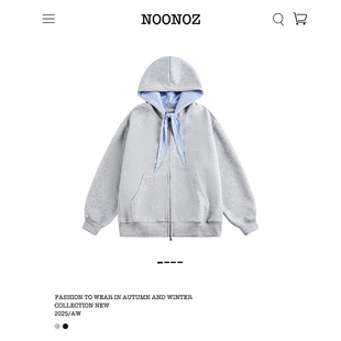 NOONOZ美式 外套 中性风条纹绑带拼接连帽卫衣男潮牌情侣设计感开衫