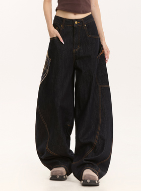 NOONOZ美式格子拼接弯刀牛仔裤男潮牌宽松直筒裤子垂感显瘦阔腿裤