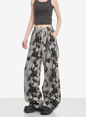 NOONOZ国潮美式扎染直筒工装裤男新款高街抽绳挂饰垂感阔腿裤子