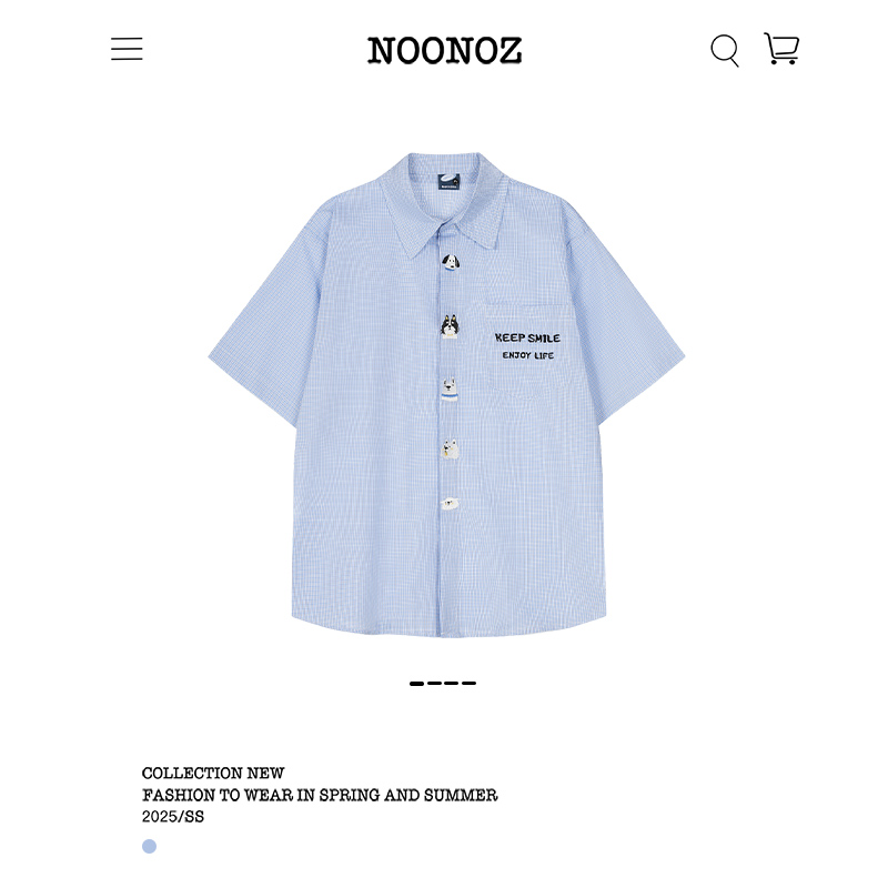 趣味小狗纽扣格子短袖衬衫