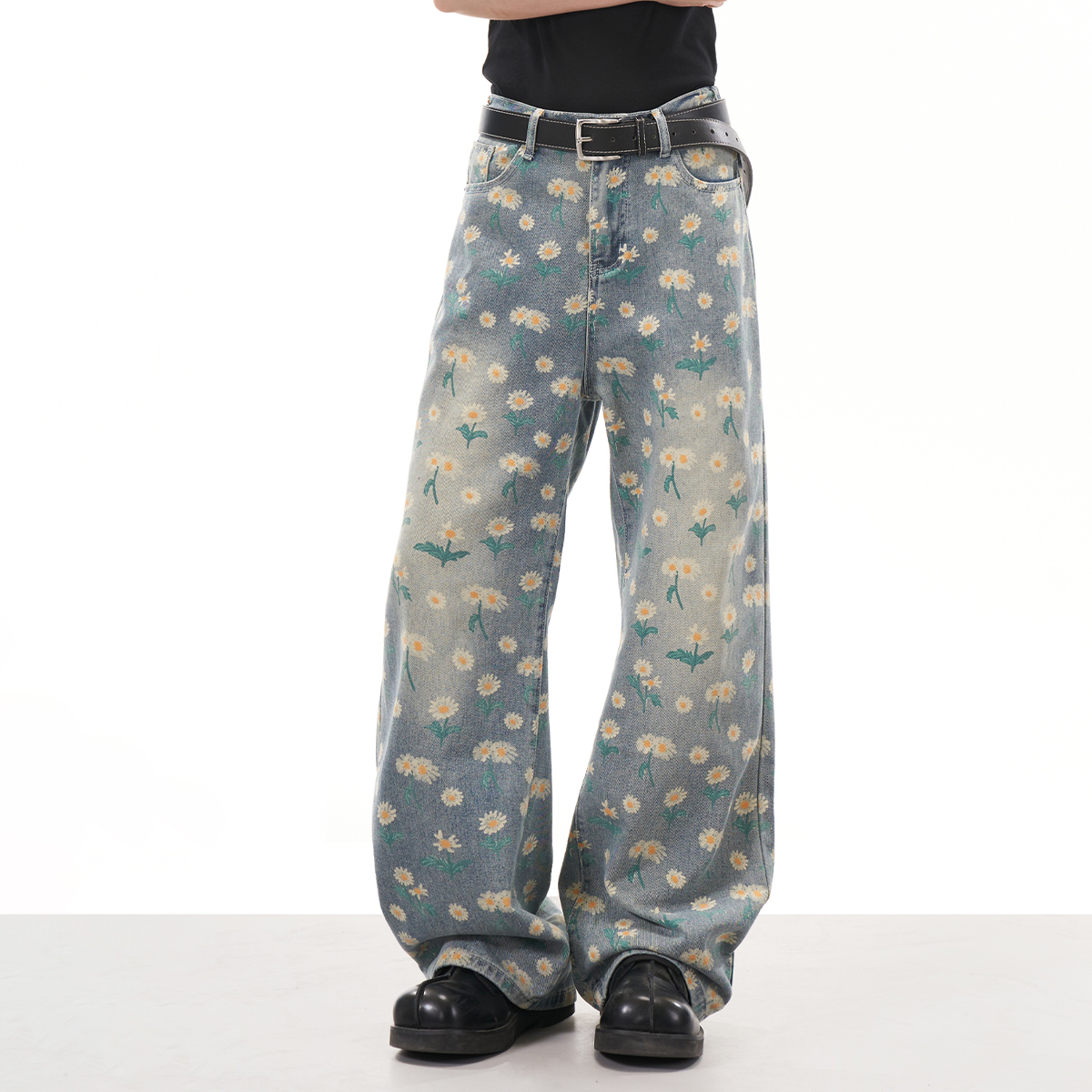 NOONOZ满印小绉菊牛仔裤男