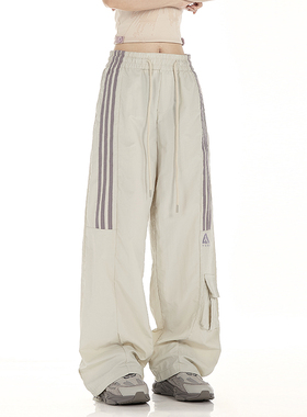 NOONOZ夏季工装裤男女美式速干潮牌复古条纹设计感阔腿休闲运动裤