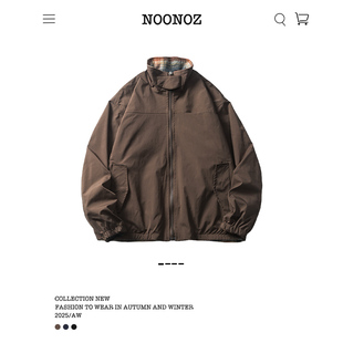 NOONOZ格子双面穿立领工装夹克男秋冬潮牌美式复古情侣中性风外套