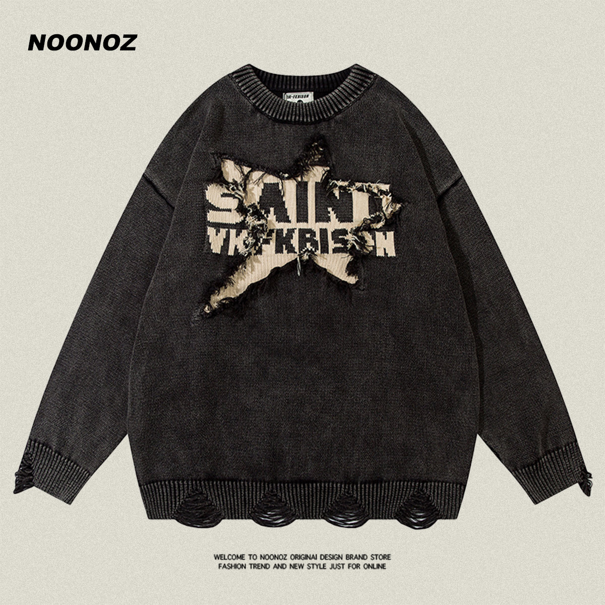 NOONOZ拼接套头做旧美式复古毛衣