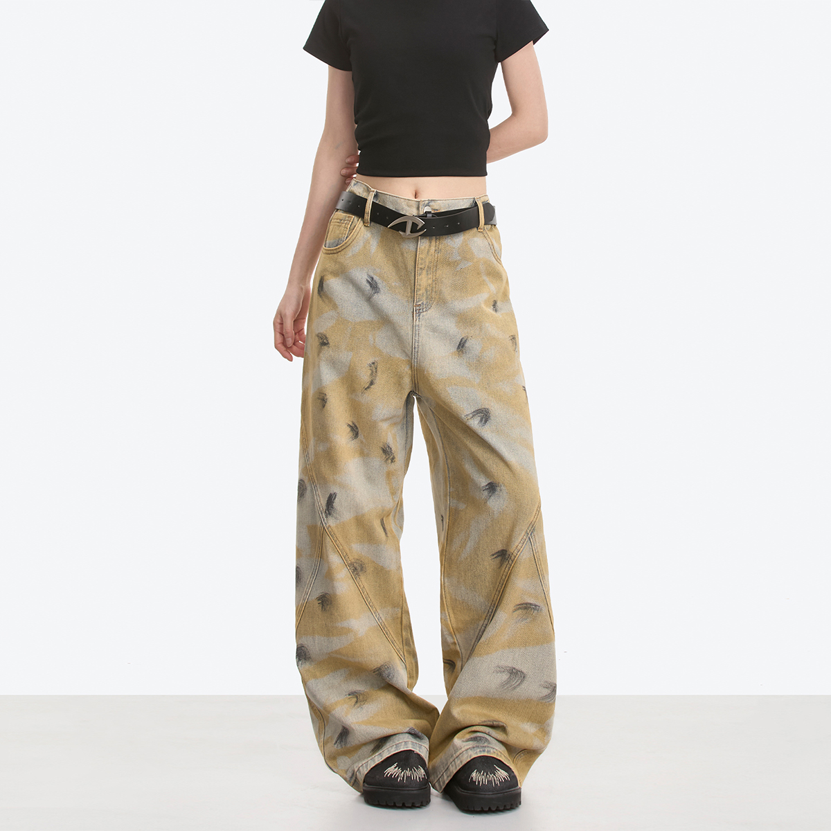 NOONOZ美式黄泥染涂鸦牛仔裤
