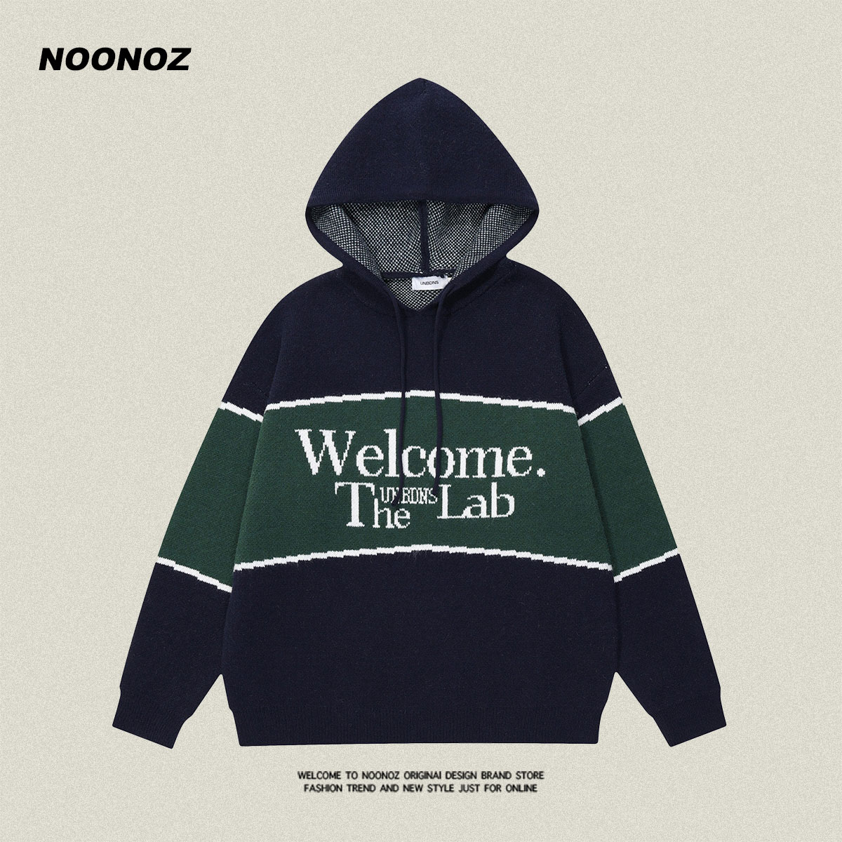 NOONOZ拼接套头连帽美式字母毛衣