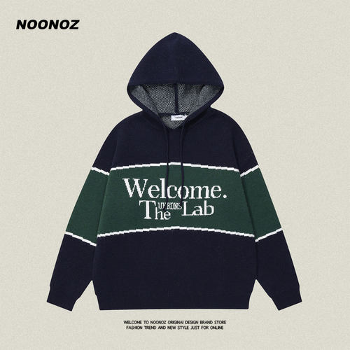 NOONOZ拼接套头连帽美式字母毛衣