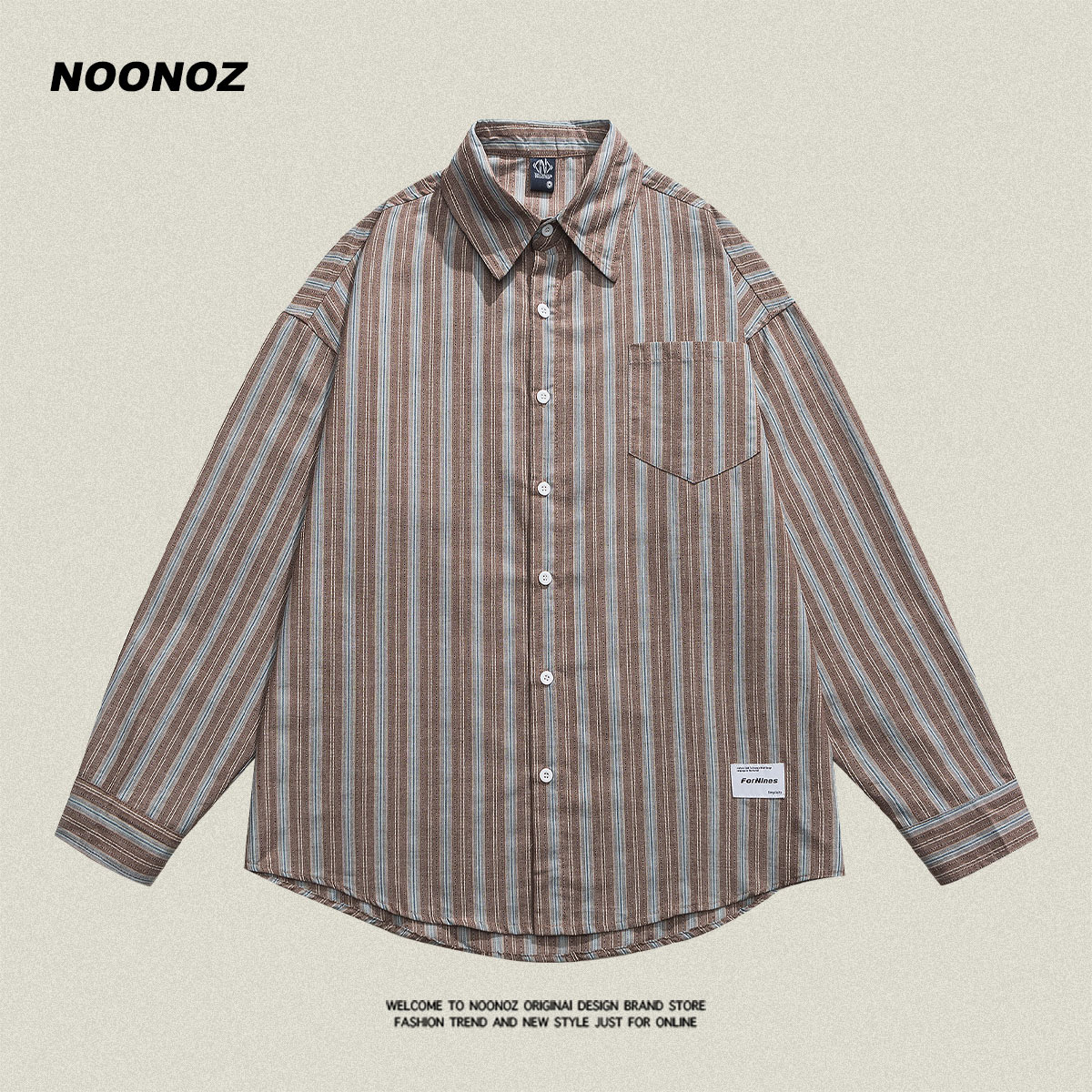 NOONOZ条纹长袖衬衣翻领复古潮流