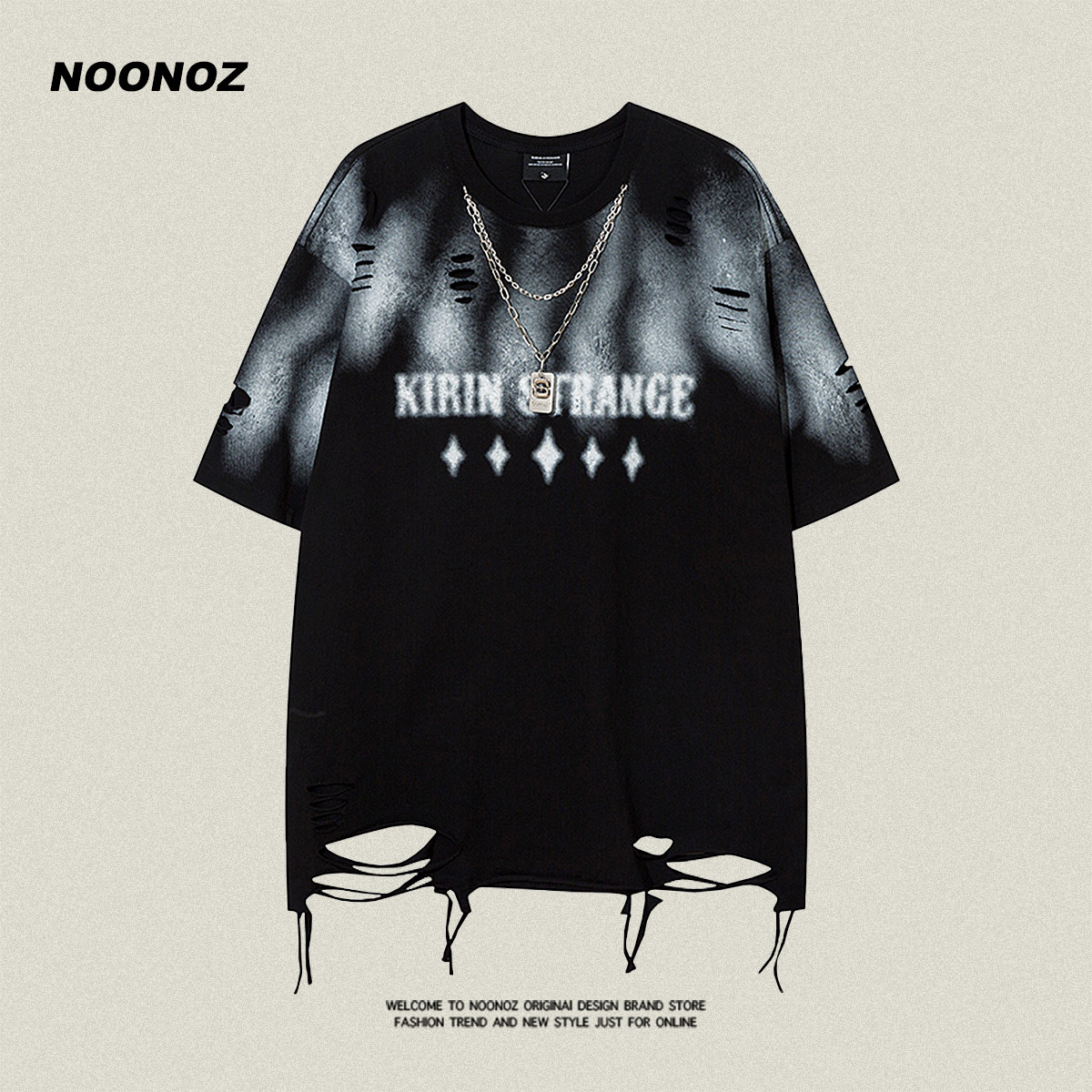 NOONOZ美式青年做旧破洞短袖T恤