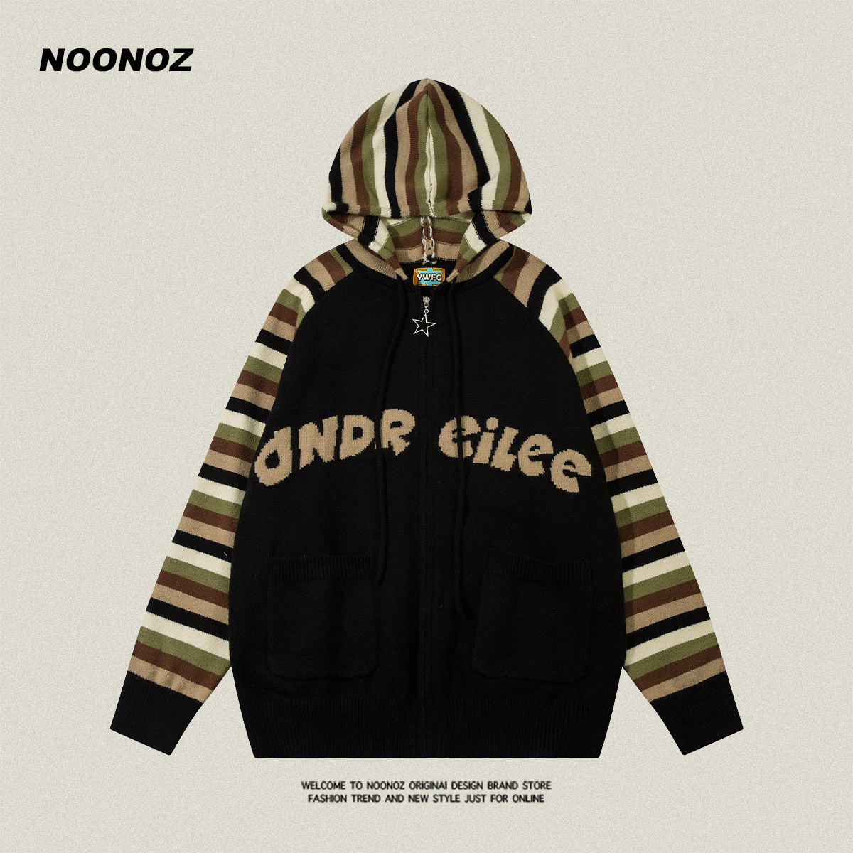 NOONOZ开衫连帽撞色针织衫毛衣