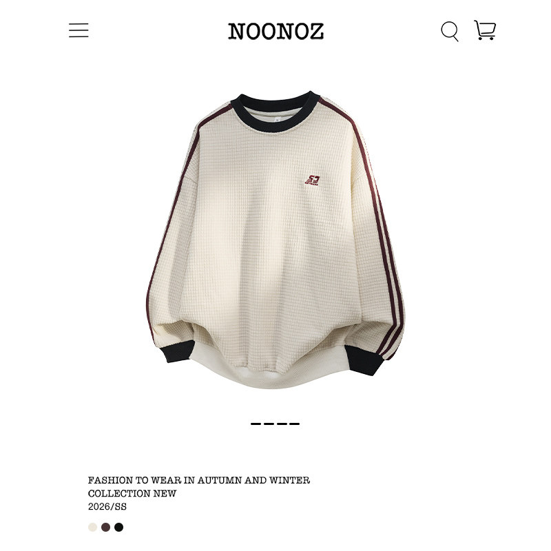 NOONOZ华夫格美式三条杠运动圆领卫衣男女潮牌中性风慵懒通勤上衣