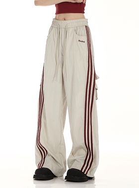 NOONOZ美式复古条纹工装裤男夏季潮牌高街运动裤跳舞直筒休闲裤子