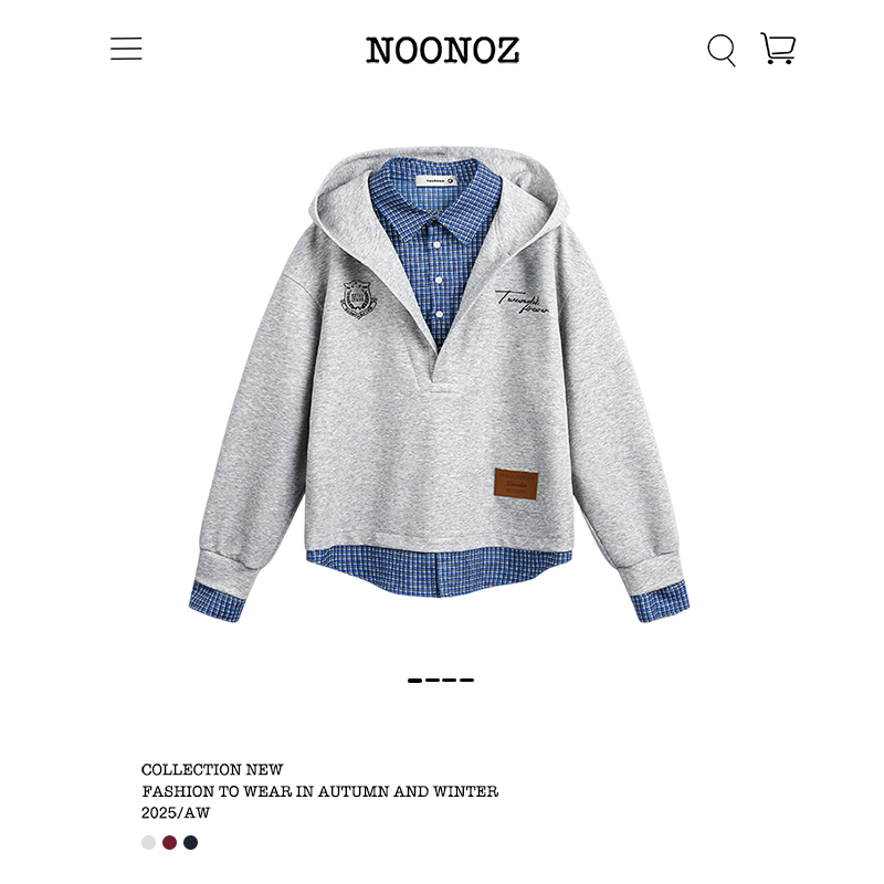 NOONOZ潮牌美式假两件格子连帽卫衣男女秋冬学院风宽松设计感外套