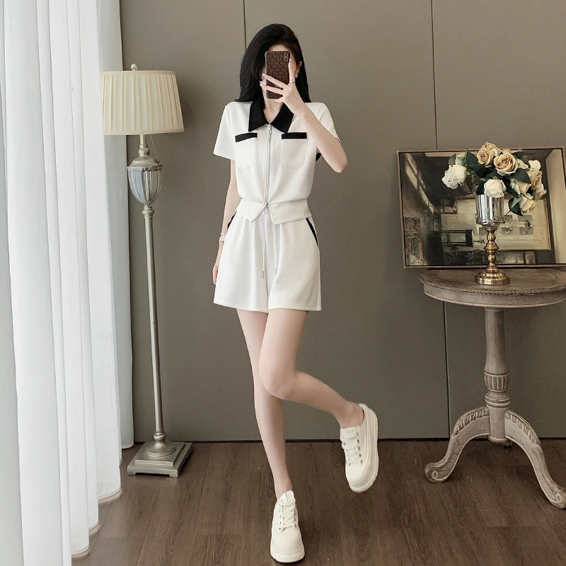 时尚休闲套装女夏季新款显瘦洋气减龄POLO拉链短袖短裤运动两件套