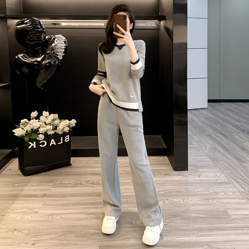 运动休闲套装女2025春秋新款宽松显瘦拼接撞色卫衣阔腿裤两件套潮