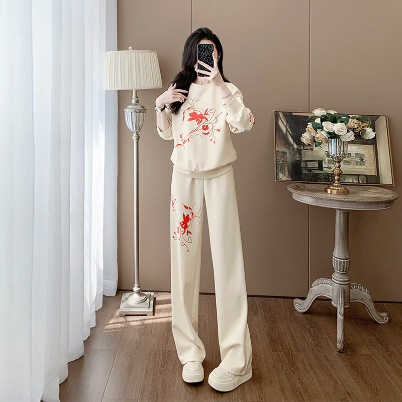 杏色新中式国风套装女春秋新款宽松显瘦减龄卫衣阔腿裤休闲两件套