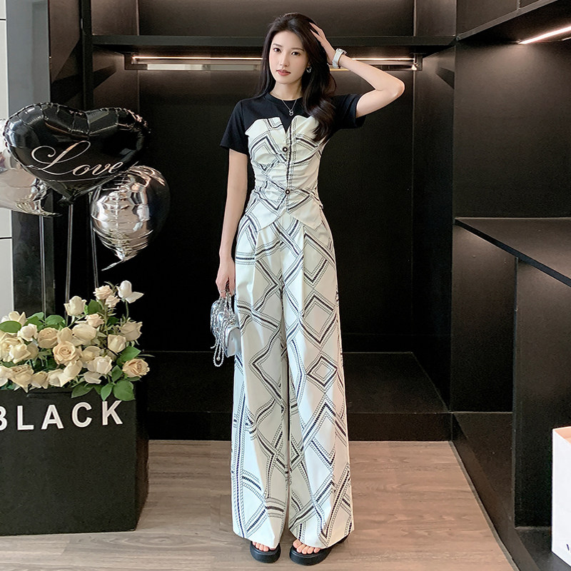 拼接短袖阔腿裤时尚休闲套装女