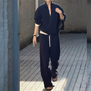 时尚休闲套装女秋冬新款显瘦慵懒风立领拉链卫衣阔腿裤运动两件套