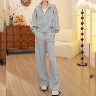 简约运动风时尚休闲套装女秋冬新款灰色立领拉链卫衣阔腿裤两件套