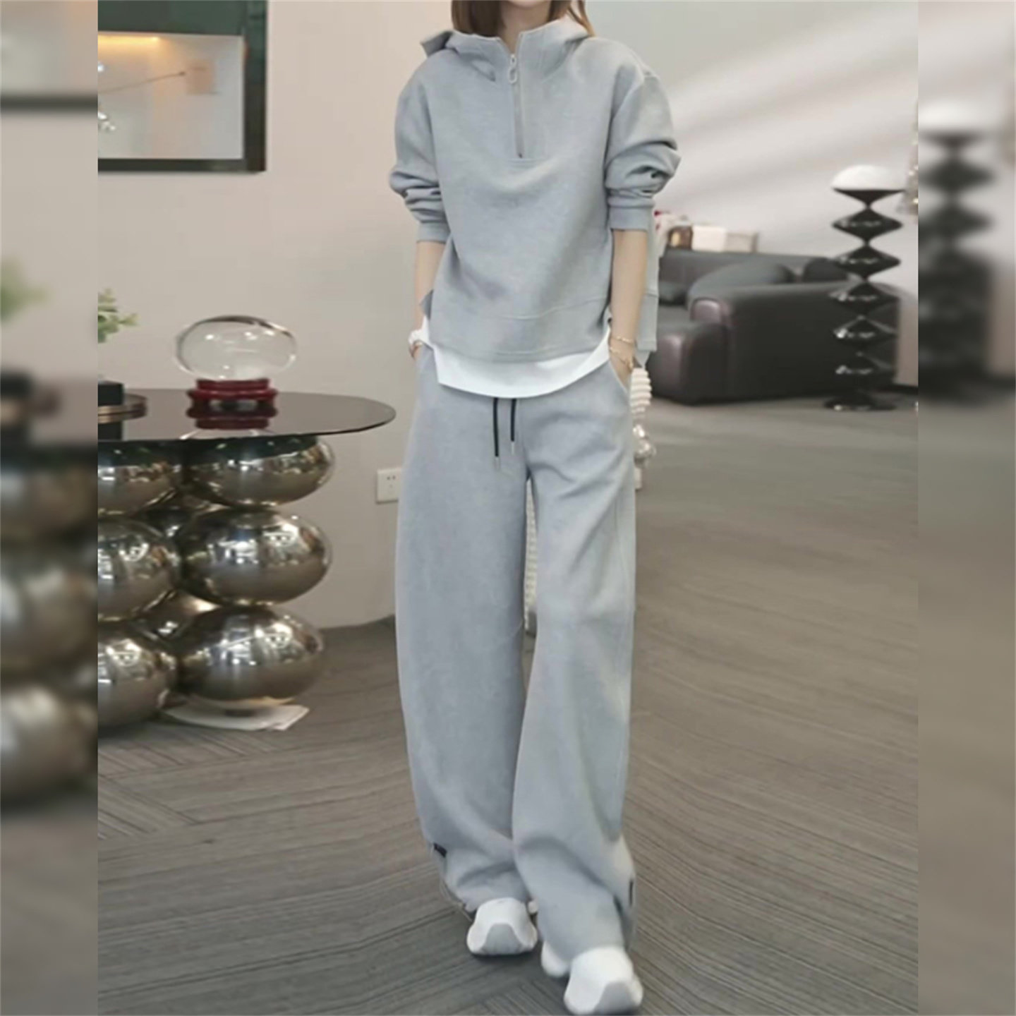 时尚休闲套装女2025秋冬新款灰色假两件连帽卫衣阔腿裤运动两件套