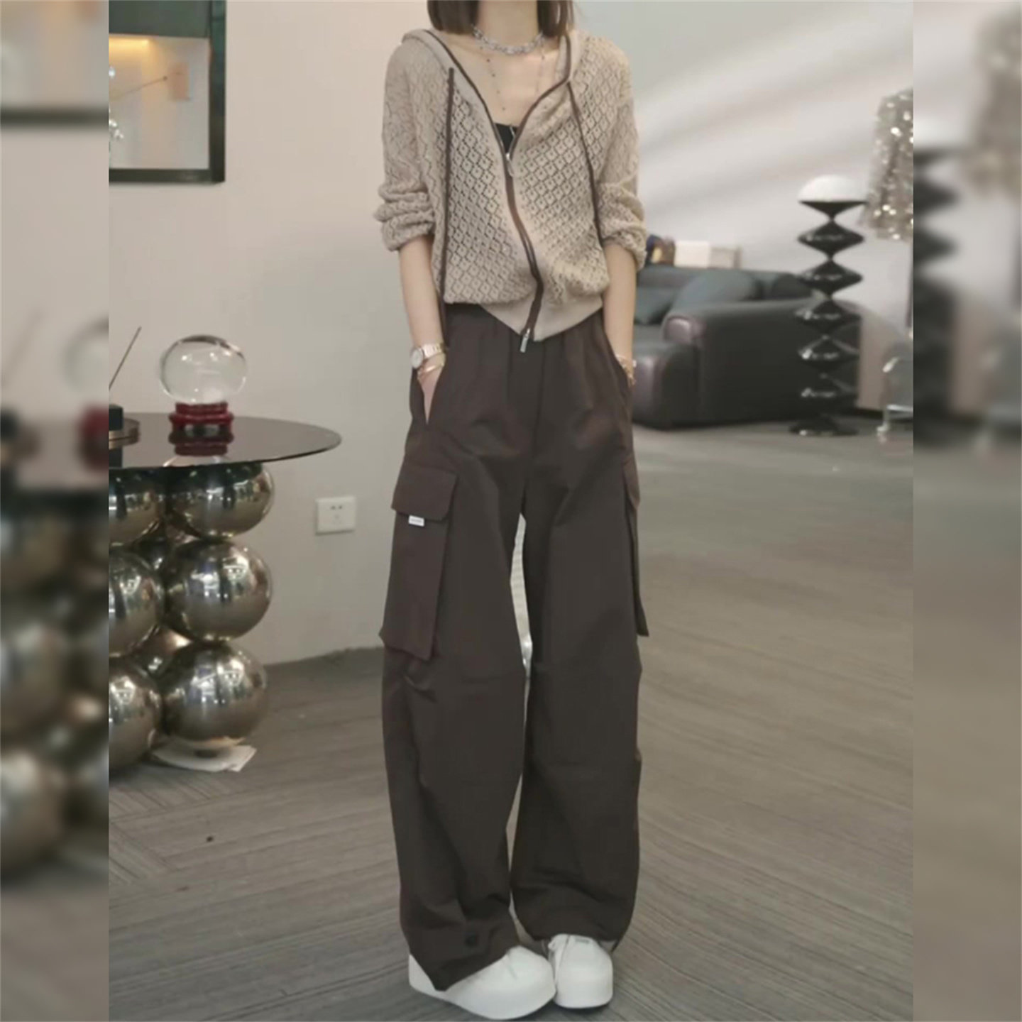 高级感时尚休闲套装女秋季新款宽松显瘦连帽针织开衫工装裤两件套