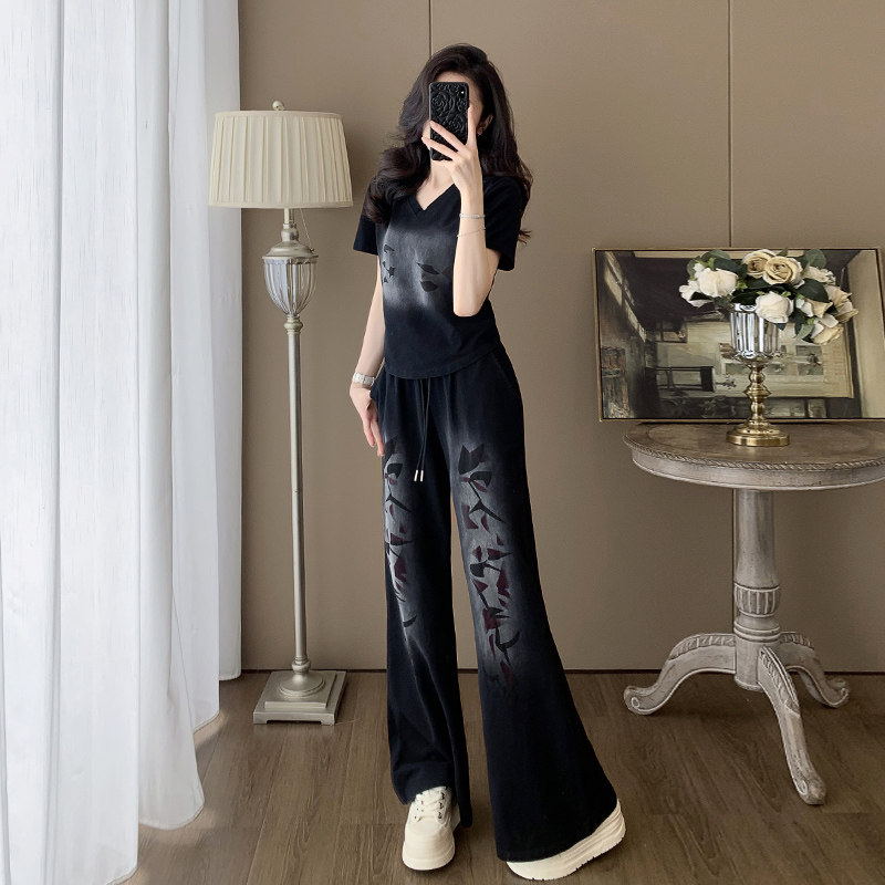 欧货时尚休闲套装女夏季新款显瘦洋气减龄短袖阔腿裤运动两件套潮