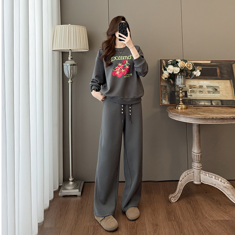 欧货时尚休闲套装女秋冬加绒宽松显瘦印花卫衣阔腿裤运动两件套潮