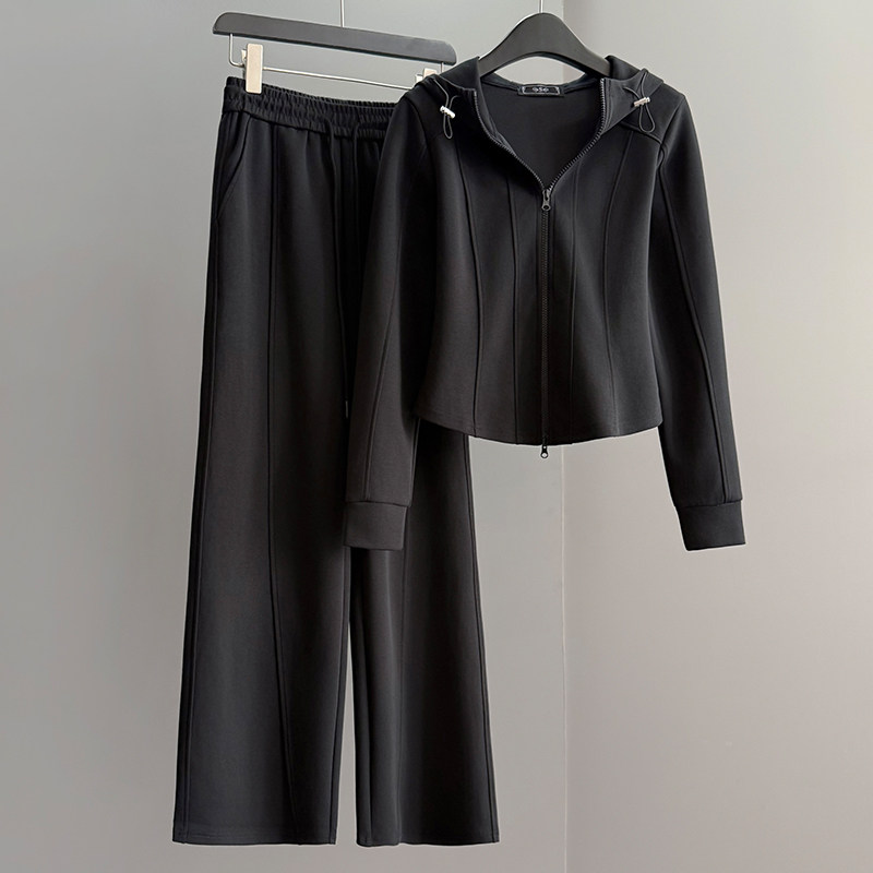 高级感黑色时尚休闲套装女2026春季修身连帽开衫阔腿裤运动两件套